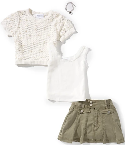 Tween Diva Big Girls Short Sleeve Faux Pearl Embellished Sweater, Camisole & Pleated Woven Skort Set