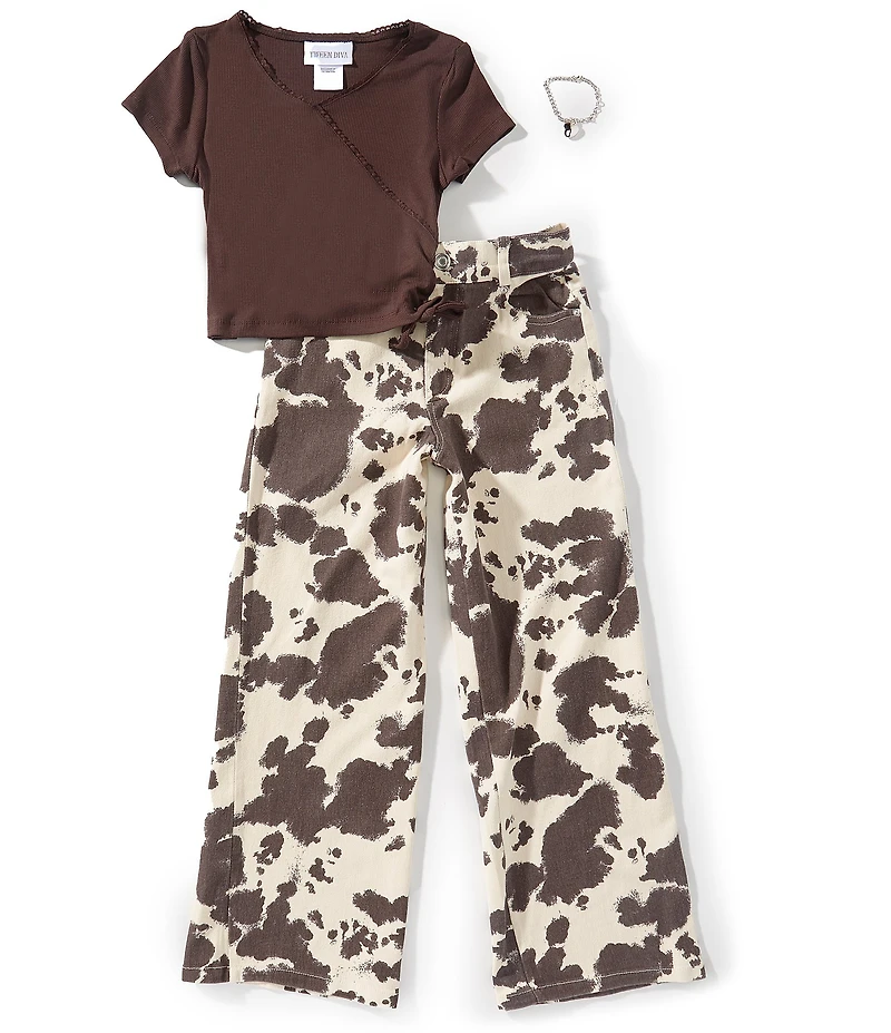 Tween Diva Big Girls Short Sleeve Faux Wrap Rib Knit T-Shirt & Cow Print Twill Jeans Set