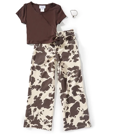 Tween Diva Big Girls Short Sleeve Faux Wrap Rib Knit T-Shirt & Cow Print Twill Jeans Set