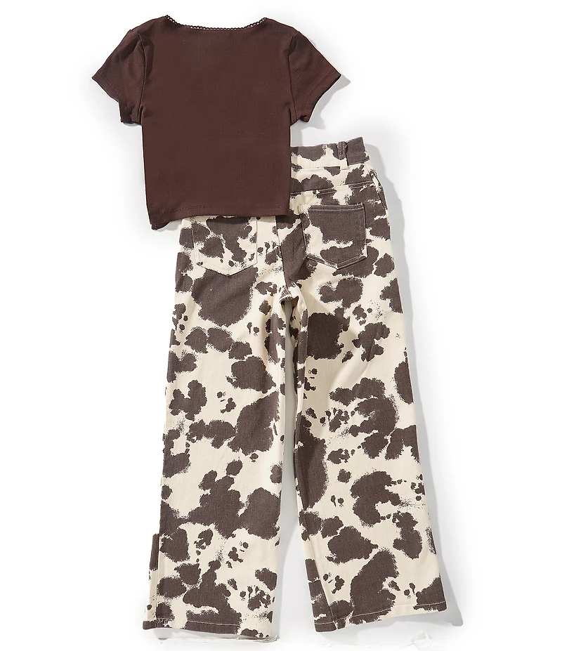 Tween Diva Big Girls Short Sleeve Faux Wrap Rib Knit T-Shirt & Cow Print Twill Jeans Set