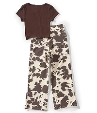 Tween Diva Big Girls Short Sleeve Faux Wrap Rib Knit T-Shirt & Cow Print Twill Jeans Set