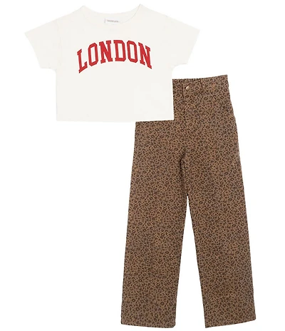 Tween Diva Big Girls Short Sleeve Graphic London T-Shirt & Leopard Printed Twill Pants Set
