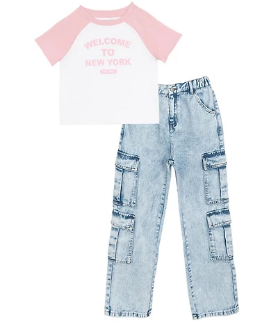 Tween Diva Big Girls Short Sleeve Graphic Reglan T-Shirt & Acid Wash Denim Cargo Pants 2-Piece Set Set