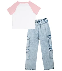 Tween Diva Big Girls Short Sleeve Graphic Reglan T-Shirt & Acid Wash Denim Cargo Pants 2-Piece Set Set