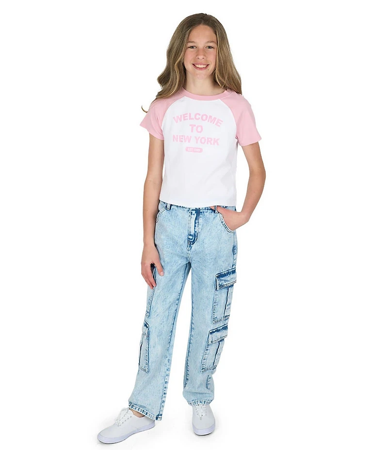 Tween Diva Big Girls Short Sleeve Graphic Reglan T-Shirt & Acid Wash Denim Cargo Pants 2-Piece Set Set