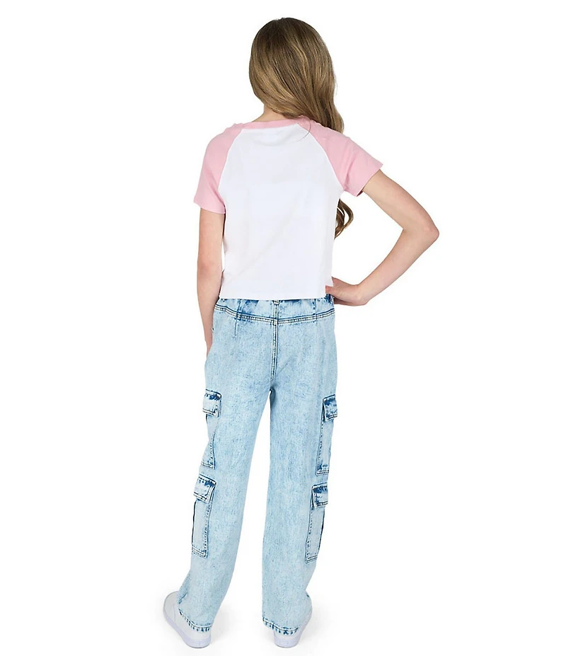 Tween Diva Big Girls Short Sleeve Graphic Reglan T-Shirt & Acid Wash Denim Cargo Pants 2-Piece Set Set