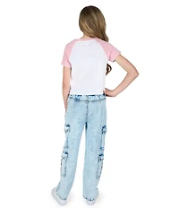 Tween Diva Big Girls Short Sleeve Graphic Reglan T-Shirt & Acid Wash Denim Cargo Pants 2-Piece Set Set