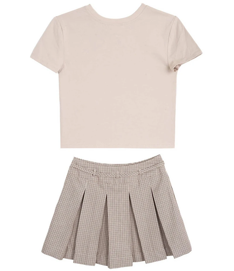 Tween Diva Big Girls Short Sleeve Graphic T-Shirt & Plaid Bow Tie Pleated Skort Set