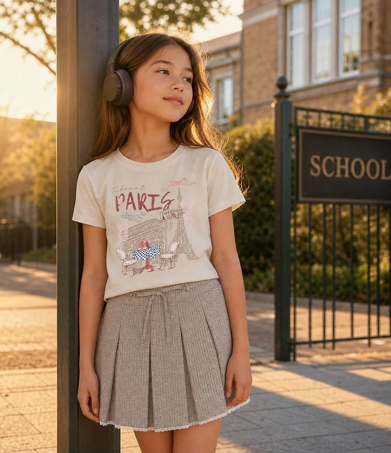 Tween Diva Big Girls Short-Sleeve Paris T-Shirt & Houndstooth Woven Skort Set