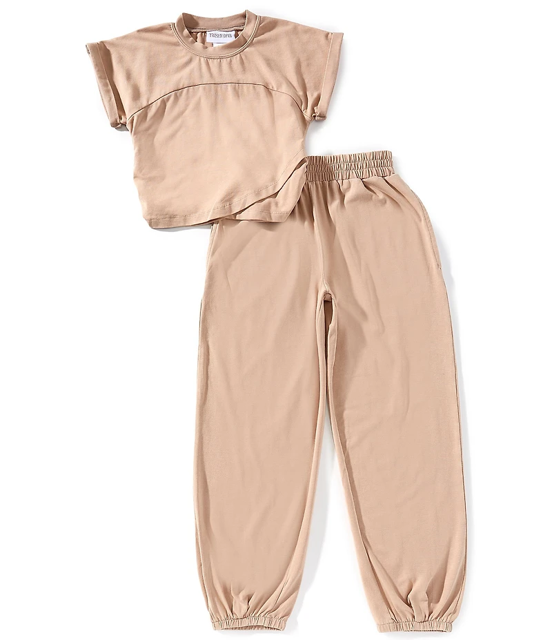Tween Diva Big Girls Short Sleeve Washed Jersey Knit Crossover T-Shirt & Matching Joggers 2-Piece Set