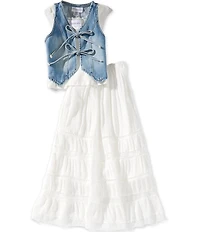 Tween Diva Big Girls Sleeveless Denim Vest, Cap-Sleeve T-Shirt & Lace Detail Maxi Skirt Set
