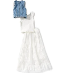 Tween Diva Big Girls Sleeveless Denim Vest, Cap-Sleeve T-Shirt & Lace Detail Maxi Skirt Set