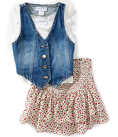 Tween Diva Big Girls Sleeveless Denim Vest Sleeveless Camisole & Strawberry Printed Skort 3-Piece Set