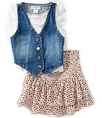 Tween Diva Big Girls Sleeveless Denim Vest Sleeveless Camisole & Strawberry Printed Skort 3-Piece Set