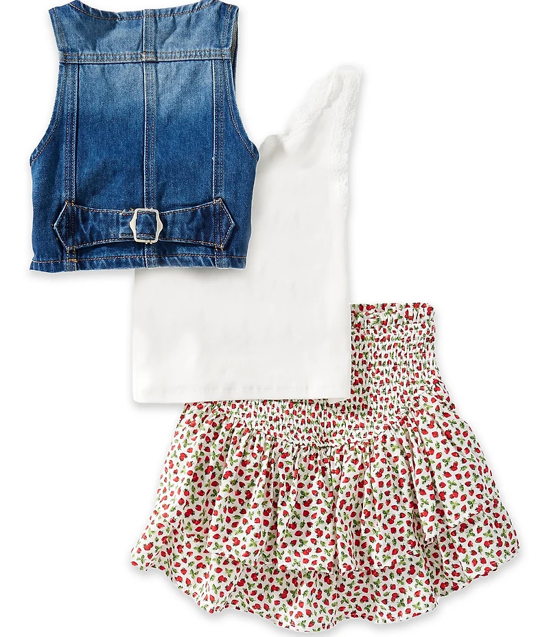 Tween Diva Big Girls Sleeveless Denim Vest Sleeveless Camisole & Strawberry Printed Skort 3-Piece Set