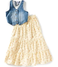 Tween Diva Big Girls Sleeveless Denim Vest, Sleeveless Solid Camisole & Ditsy-Floral-Printed Long Skirt