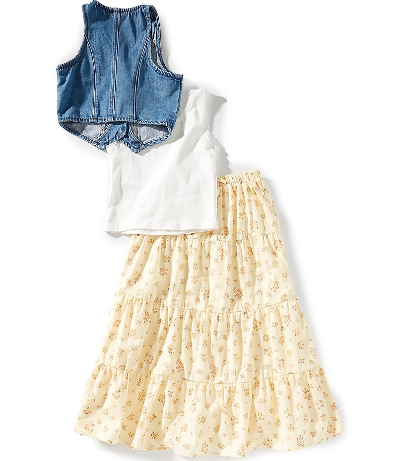 Tween Diva Big Girls Sleeveless Denim Vest, Sleeveless Solid Camisole & Ditsy-Floral-Printed Long Skirt