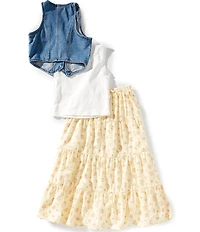 Tween Diva Big Girls Sleeveless Denim Vest, Sleeveless Solid Camisole & Ditsy-Floral-Printed Long Skirt