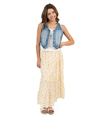 Tween Diva Big Girls Sleeveless Denim Vest Sleeveless Solid Camisole & Ditsy Floral Printed Maxi Skirt Set