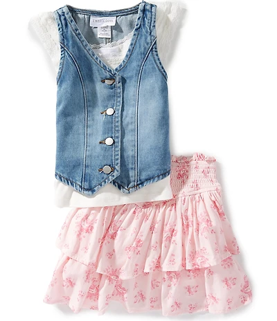 Tween Diva Big Girls Sleeveless Denim Vest, Solid Camisole and Flora-Printed Skirt Set