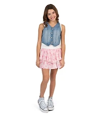 Tween Diva Big Girls Sleeveless Denim Vest Solid Camisole and Floral Printed Skirt Set