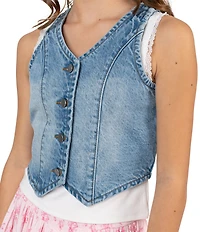 Tween Diva Big Girls Sleeveless Denim Vest Solid Camisole and Floral Printed Skirt Set
