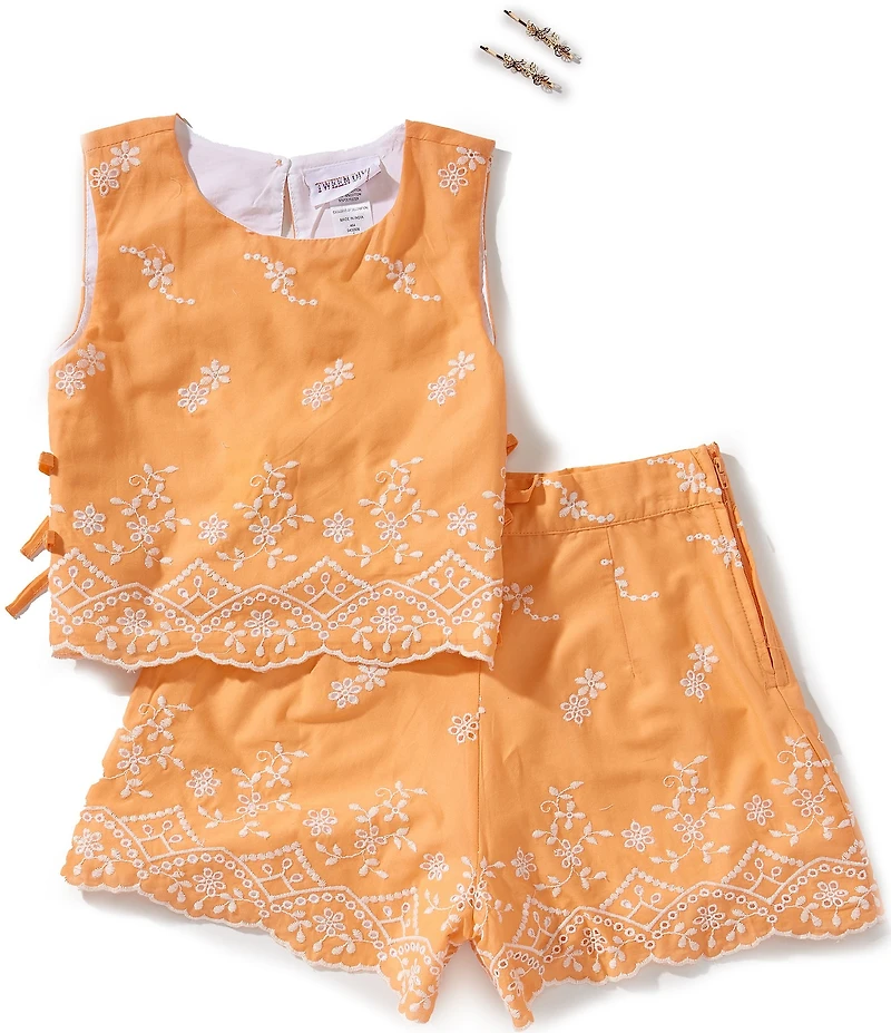 Tween Diva Big Girls Sleeveless Floral Eyelet-Embroidered Tank Top & Matching Shorts Set