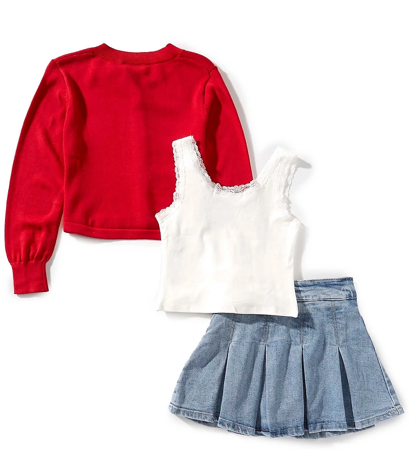 Tween Diva Big Girls Solid Top With Knit Cardigan And Denim Skort 3-Piece Set