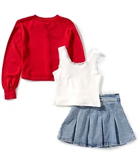 Tween Diva Big Girls Solid Top With Knit Cardigan And Denim Skort 3-Piece Set