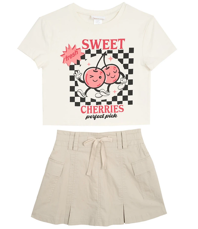 Tween Diva Big Girls Sweet Cherries Short Sleeve Graphic T-Shirt & Pleated Cargo Skort Set