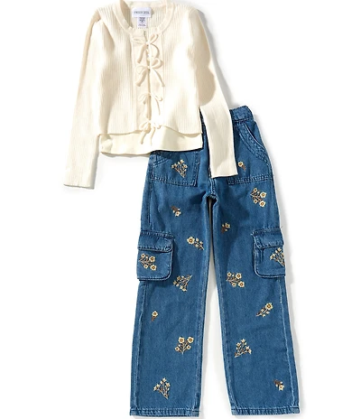 Tween Diva Big Girls Tie Front Ribbed Knit Sweater, Camisole, & Floral Embroidered Denim Cargo Pants