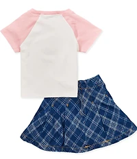 Tween Diva Little Girls Raglan Sleeve Football Bear T-Shirt & Plaid Woven Skort Set