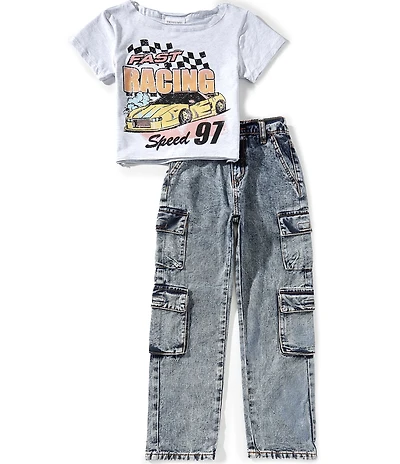 Tween Diva Big Girls Racing Graphic Off-The-Shoulder Box T-Shirt And Denim Cargo Pants Set
