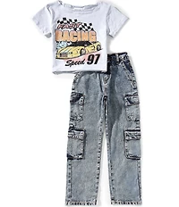 Tween Diva Big Girls Racing Graphic Off-The-Shoulder Box T-Shirt And Denim Cargo Pants Set