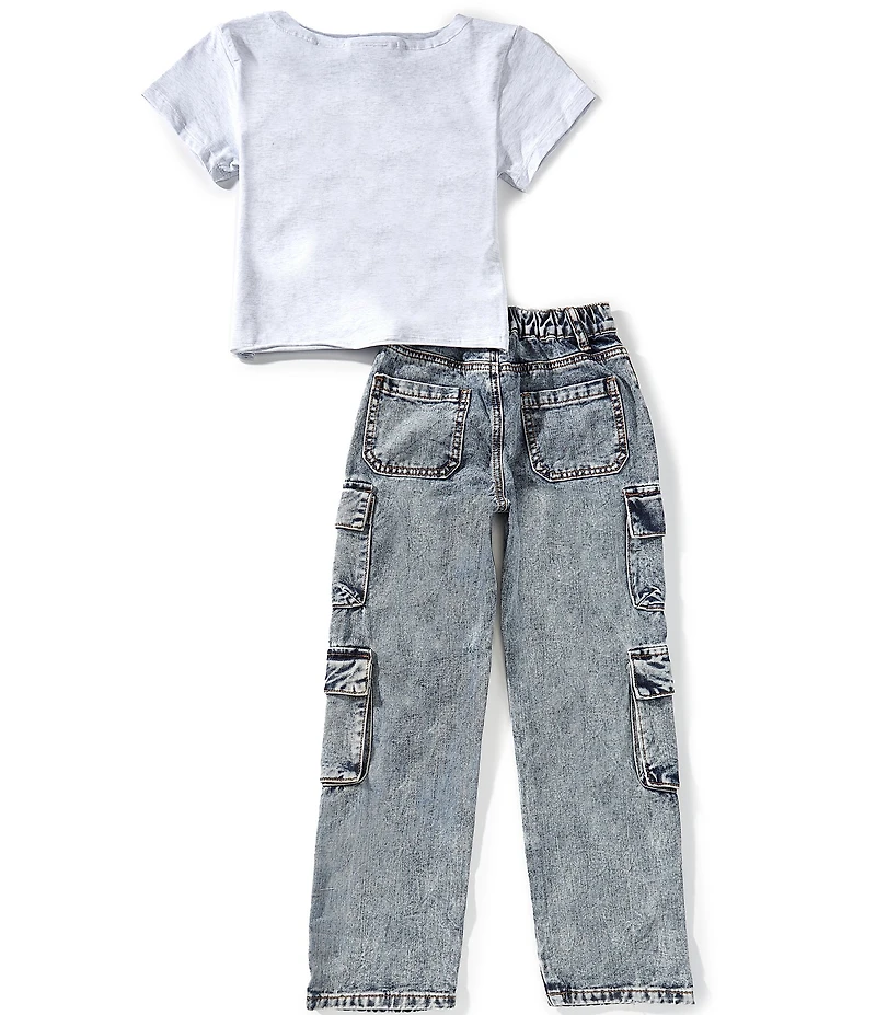 Tween Diva Big Girls Racing Graphic Off-The-Shoulder Box T-Shirt And Denim Cargo Pants Set