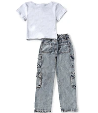 Tween Diva Big Girls Racing Graphic Off-The-Shoulder Box T-Shirt And Denim Cargo Pants Set