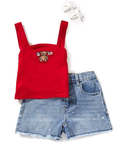 Tween Diva Sleeveless Americana Bear Embroidered Tank Top & Denim Shorts Set