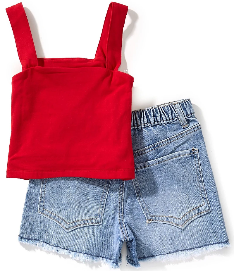 Tween Diva Sleeveless Americana Bear Embroidered Tank Top & Denim Shorts Set