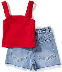 Tween Diva Sleeveless Americana Bear Embroidered Tank Top & Denim Shorts Set