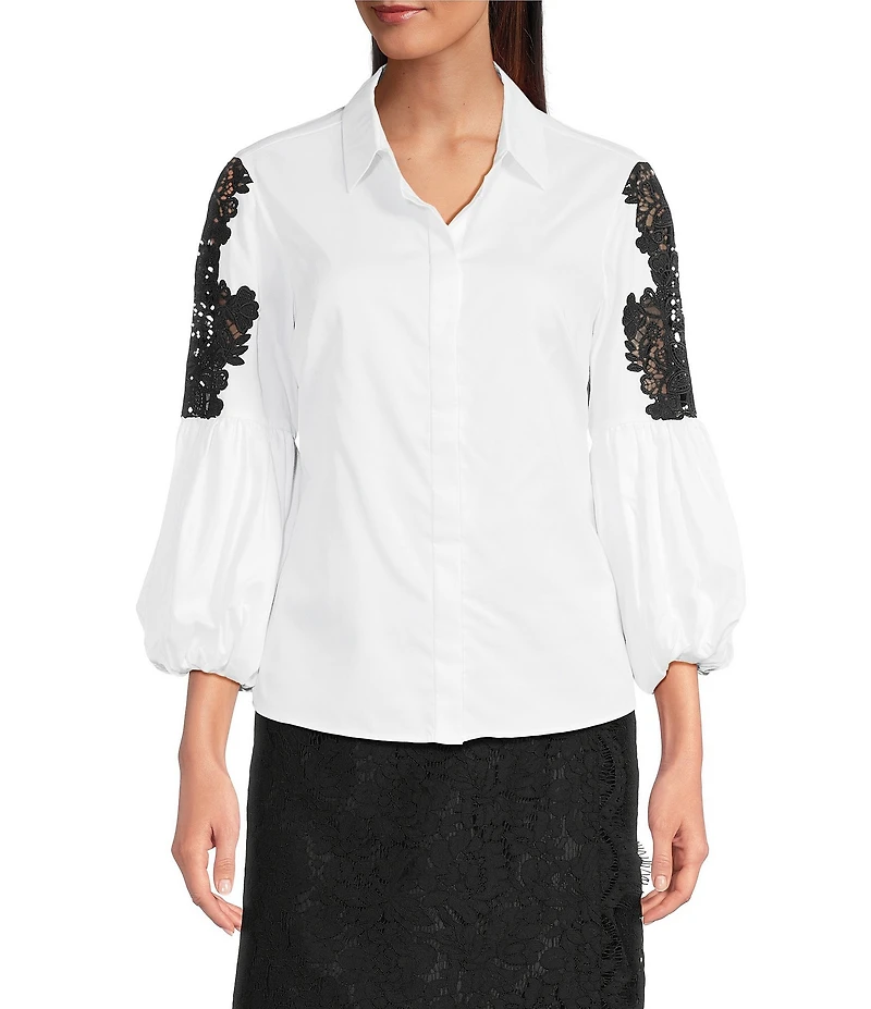 tyler boe Bella Point Collar 3/4 Balloon Sleeve Lace Inset Shirt