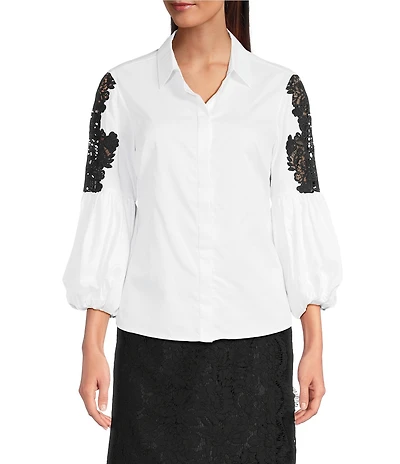tyler boe Bella Point Collar 3/4 Balloon Sleeve Lace Inset Shirt