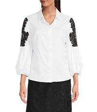 tyler boe Bella Point Collar 3/4 Balloon Sleeve Lace Inset Shirt