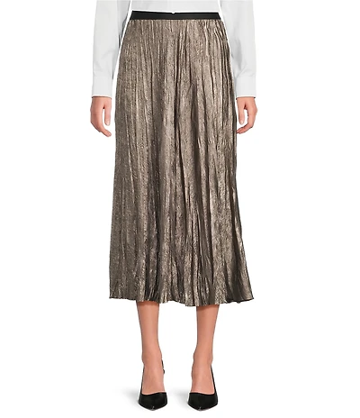 tyler boe Cara Crushed Metallic Pleated A-Line Pull-On Midi Skirt