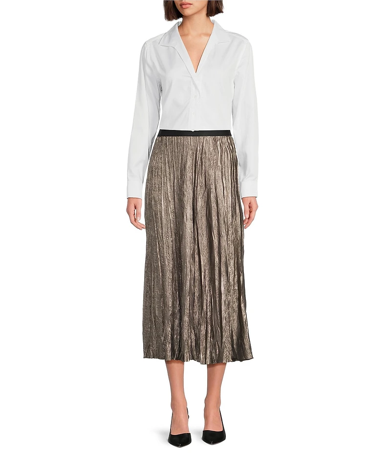 tyler boe Cara Crushed Metallic Pleated A-Line Pull-On Midi Skirt