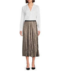 tyler boe Cara Crushed Metallic Pleated A-Line Pull-On Midi Skirt