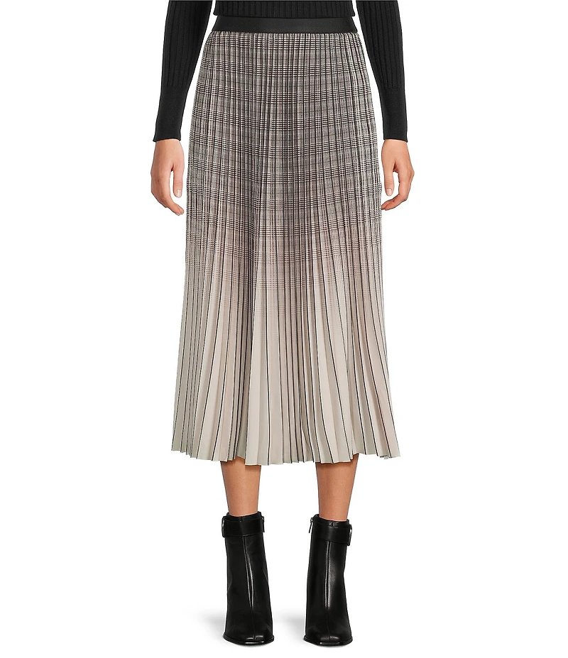 tyler boe Cara Pleated Plaid Ombre Elastic Waist Pull-On Midi Skirt