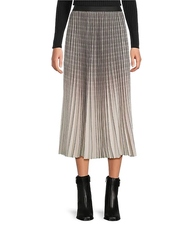 tyler boe Cara Pleated Plaid Ombre Elastic Waist Pull-On Midi Skirt
