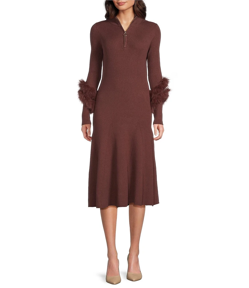 tyler boe Celia Knit Mock Neck Long Sleeve Faux Fur Cuffed Half Zip Midi Dress