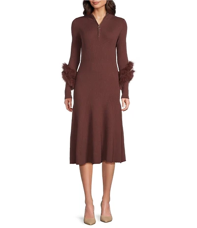 tyler boe Celia Knit Mock Neck Long Sleeve Faux Fur Cuffed Half Zip Midi Dress