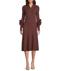 tyler boe Celia Knit Mock Neck Long Sleeve Faux Fur Cuffed Half Zip Midi Dress
